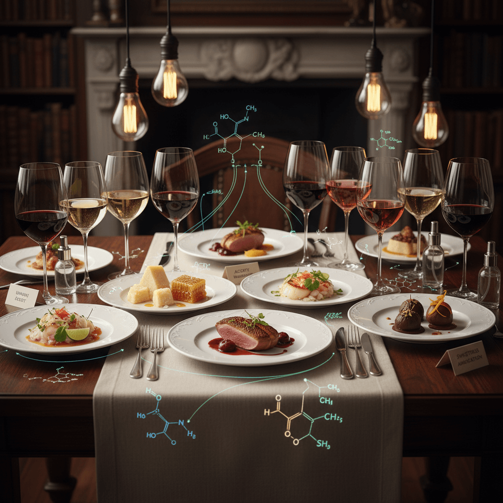 Elegant table setting with wines and gourmet food pairings