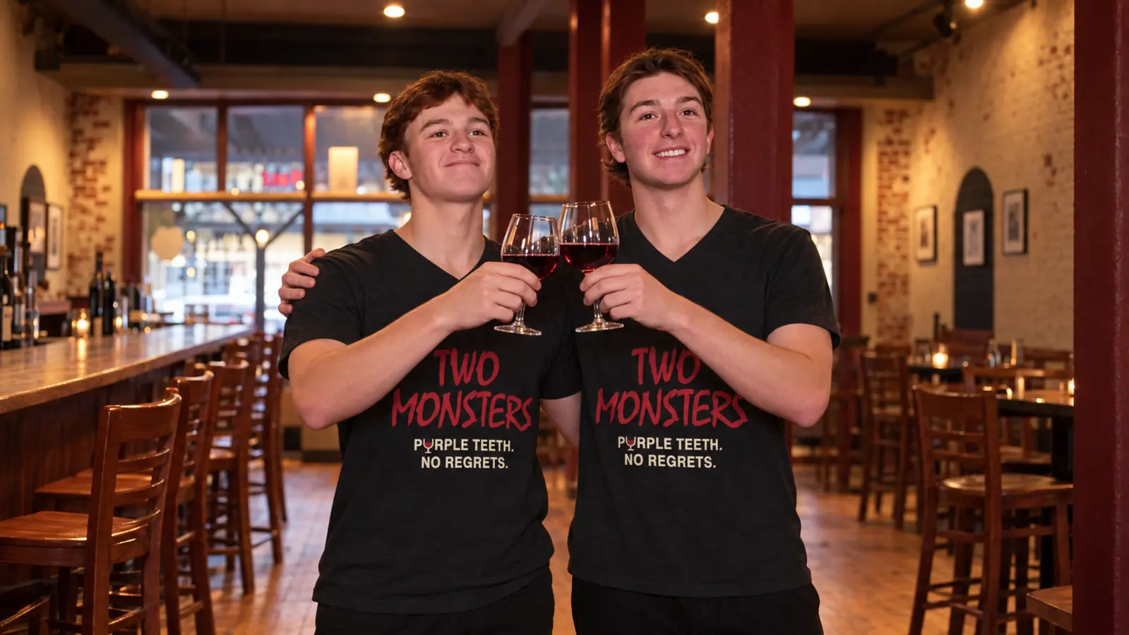 Brothers Julian and Jaiden wearing Two Monsters shirts and raising glasses of red wine in the wine bar.
