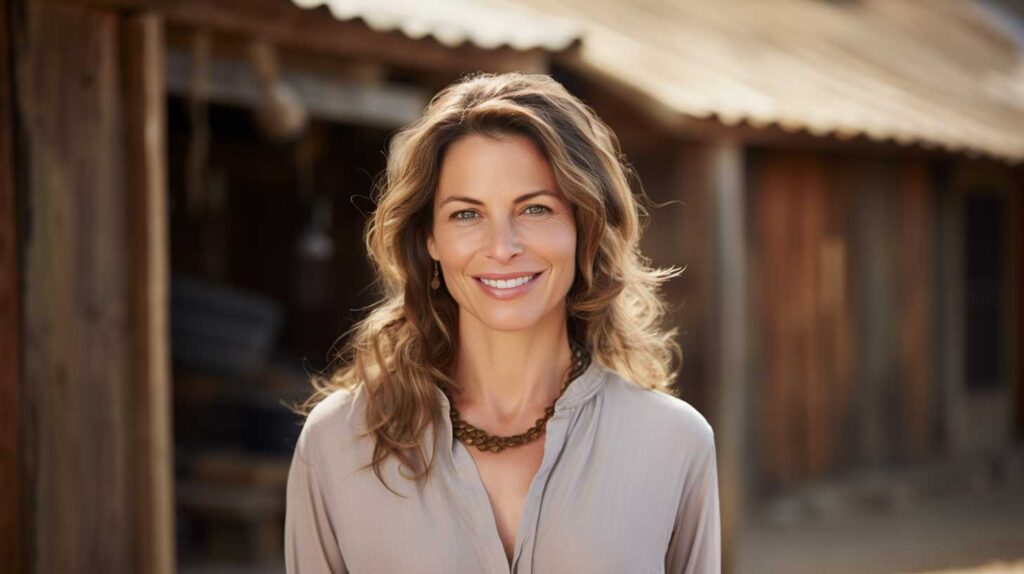 Allison Harper smiling warmly at camera, wearing a dark khaki blouse, standing in front of a vintage barn at a wine country estate. Her brown-red hair catches the sunlight while a historic wooden structure creates an authentic vineyard backdrop.