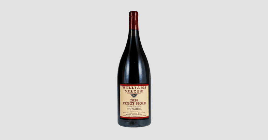 A bottle of Williams Selyem Pinot Noir with its classic label