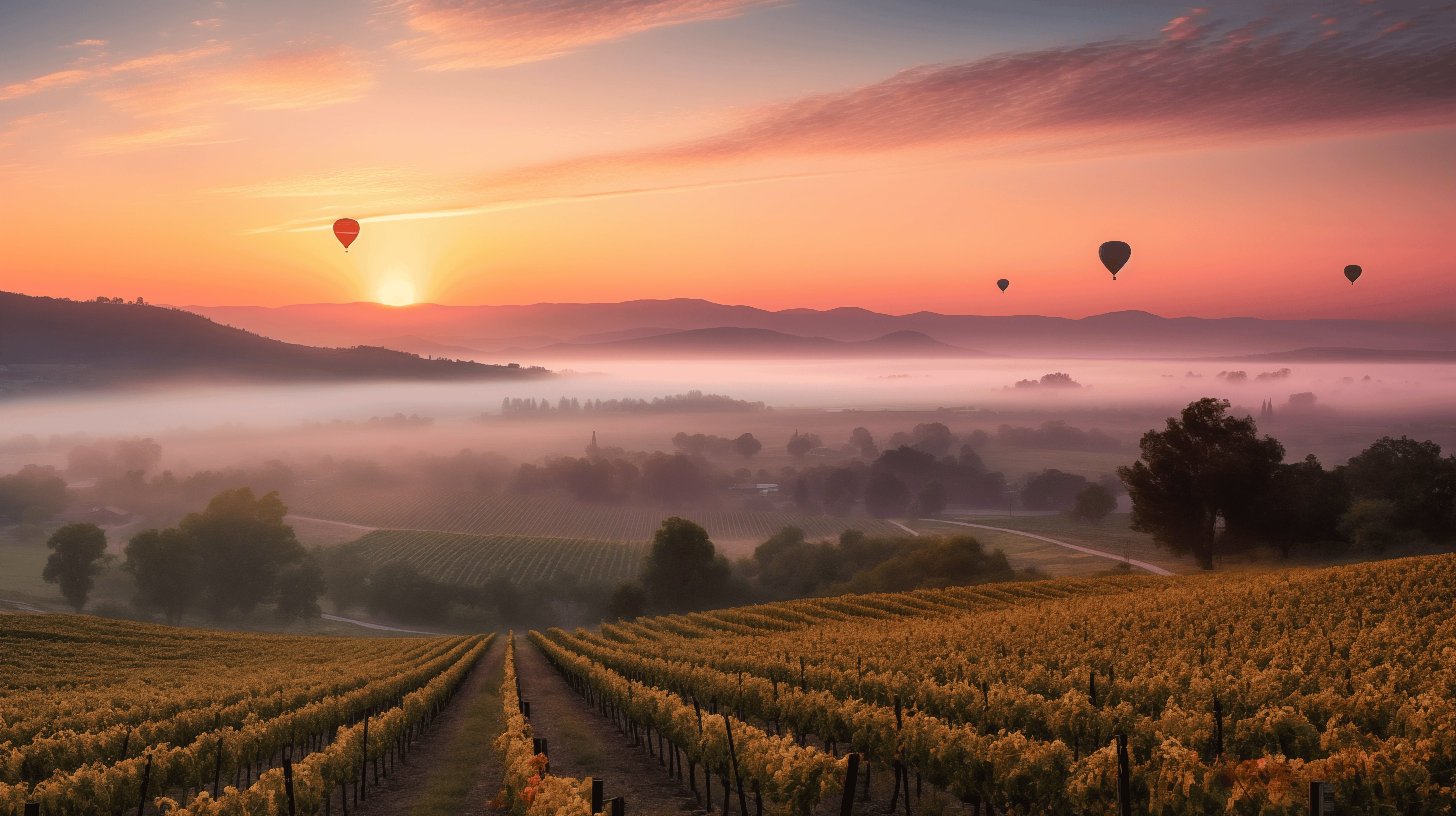 Colorful hot air balloons floating over Napa Valley vineyards at sunrise