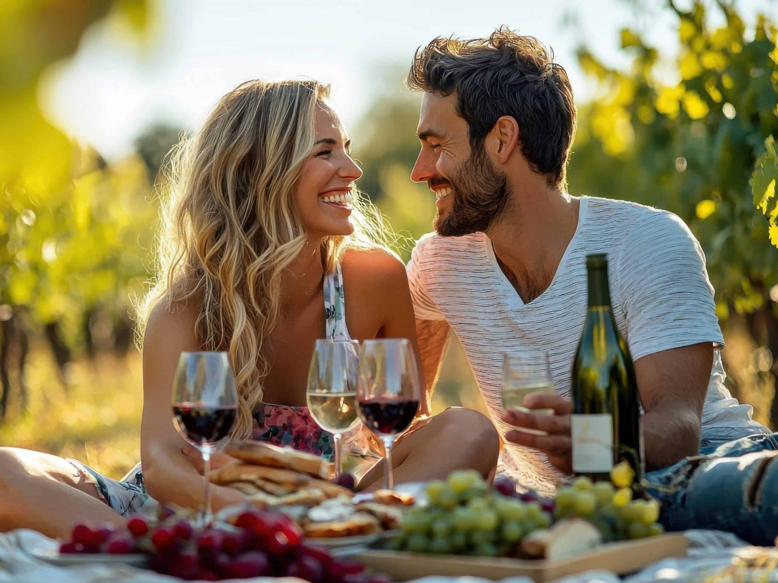 Couple having a picnic with wine and cheese in a Sonoma vineyard