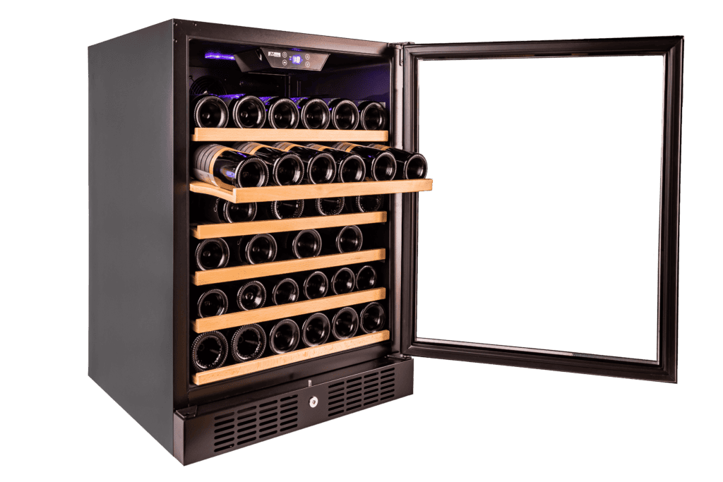 Chateau Luxe wine fridge. 50 bottles capacity, right angle view with door open and full of wine bottles.