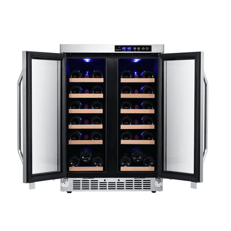 EdgeStar 36-Bottle Dual-Zone French Door Cooler - Front view with open doors -2024 Best Wine Refrigerators List