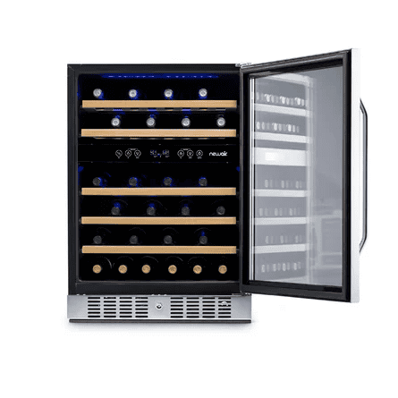 NewAir 24-Inch Dual-Zone 46-Bottle stainless steel and black with beech wood shelves. 2024 best wine refrigerators list