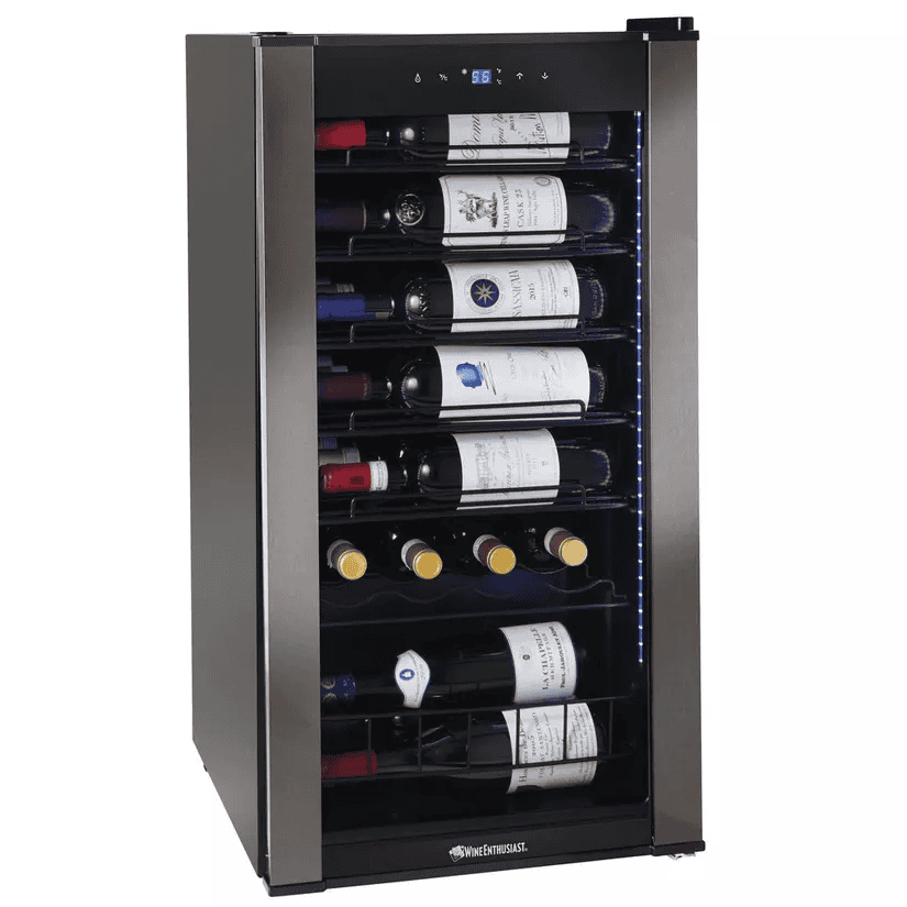 Wine Enthusiast VinoView 28-Bottle Wine Cooler. Front facing glass door filled with wine bottles. 2024 Best Wine Refrigerators List