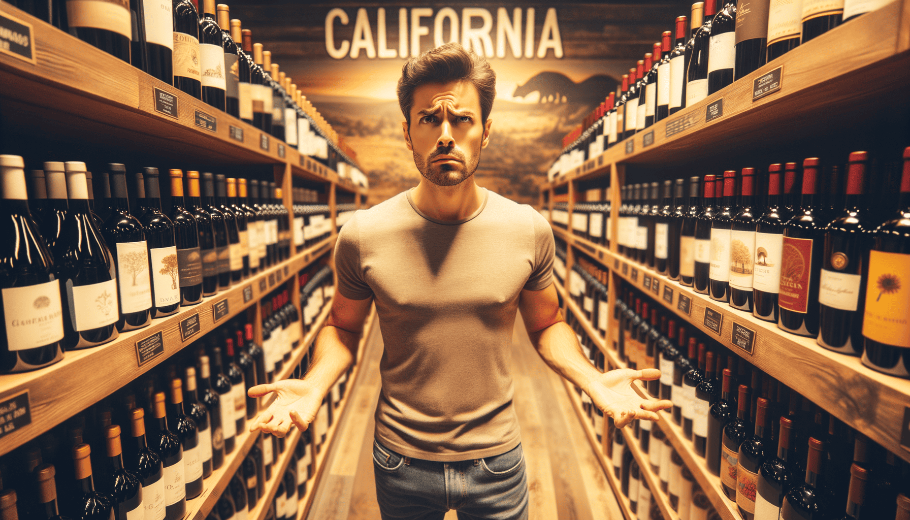 Confused shopper looking at a vast selection of California wines