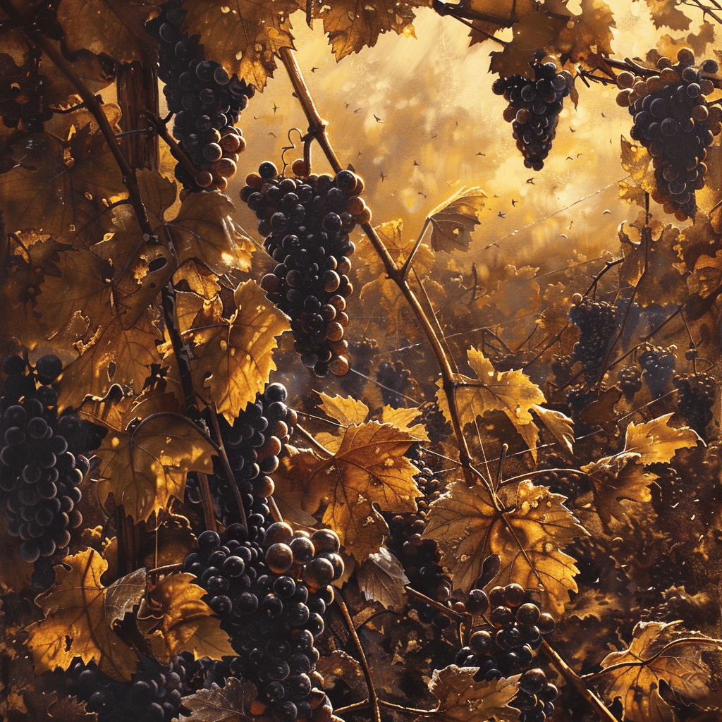 Red and gold autumn grapevines with ripe purple grape clusters during harvest season in Napa Valley