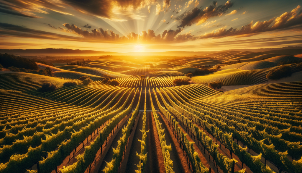 Stunning aerial view of Geyserville vineyards at sunset with mountains in background