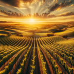 Stunning aerial view of Geyserville vineyards at sunset with mountains in background