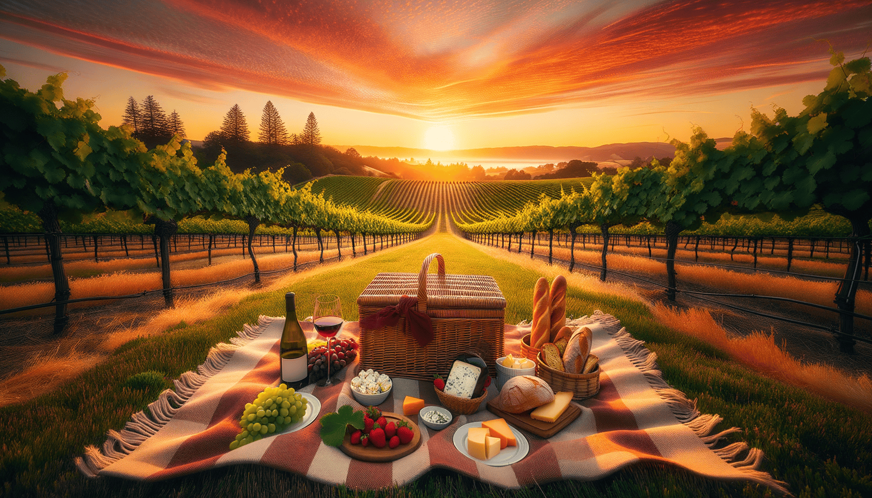 Gorgeous picnic setup with Healdsburg vineyard views at sunset.