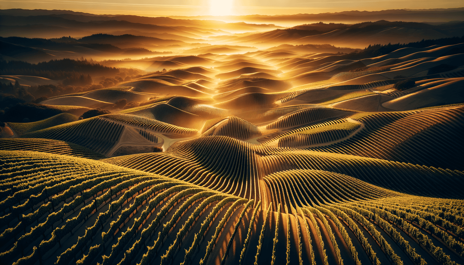 Healdsburg vineyards at golden hour with a sunset backdrop.