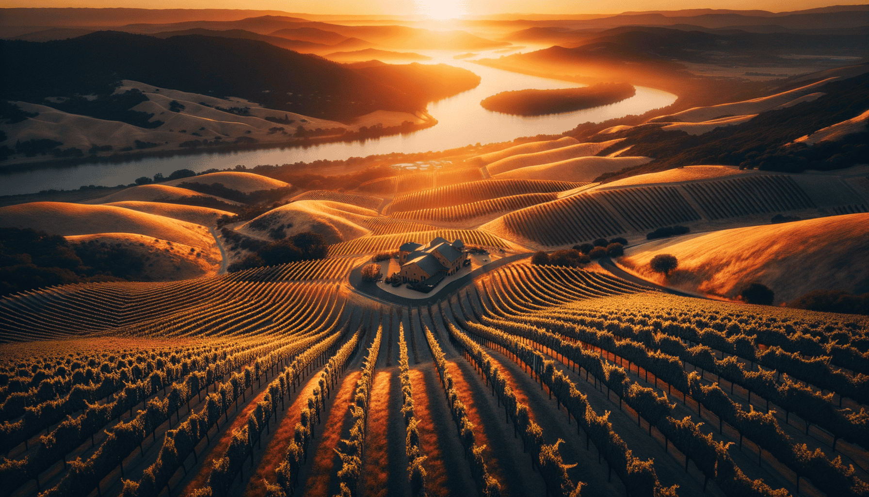 Aerial view of Healdsburg wineries and vineyards in Sonoma County wine country