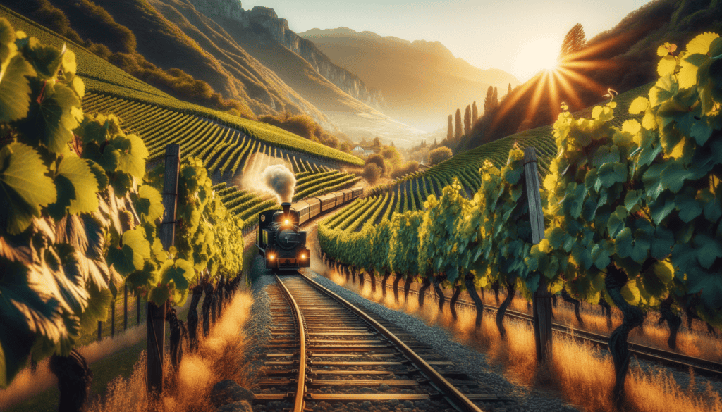 Napa Valley Wine Train journeying through sun-drenched vineyards at sunset