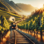 Napa Valley Wine Train journeying through sun-drenched vineyards at sunset