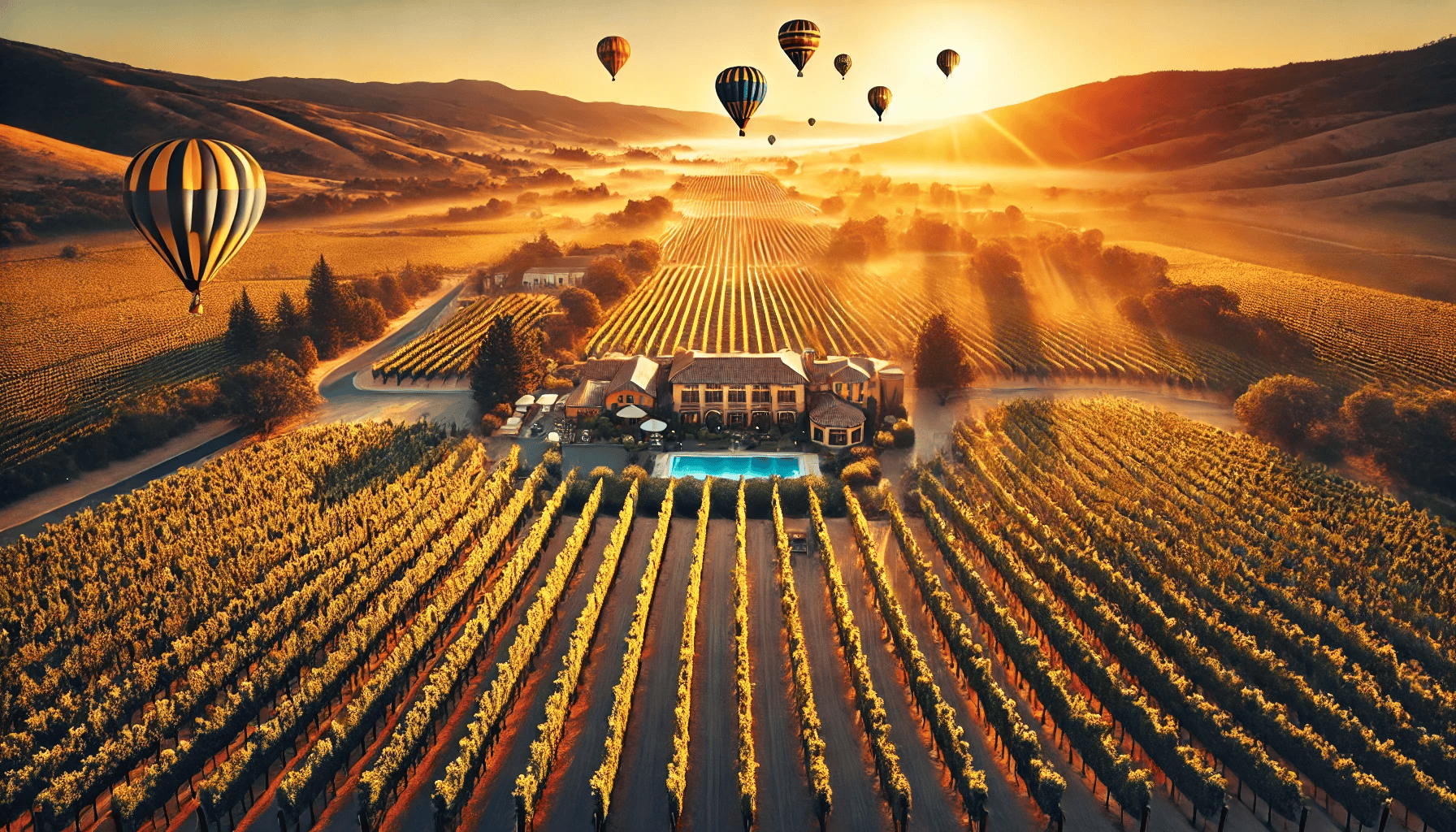 A sweeping aerial view of Napa Valley at golden hour, with vineyards, hot air balloons, and a luxury resort nestled among the vines.
