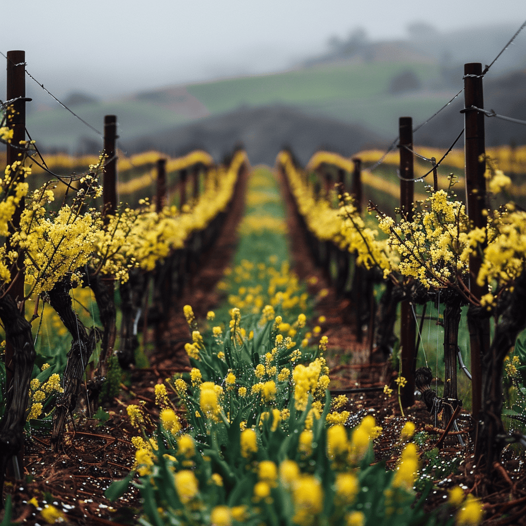 Bright yellow mustard flowers blooming between dormant grapevines in Napa Valley with misty hills in the background