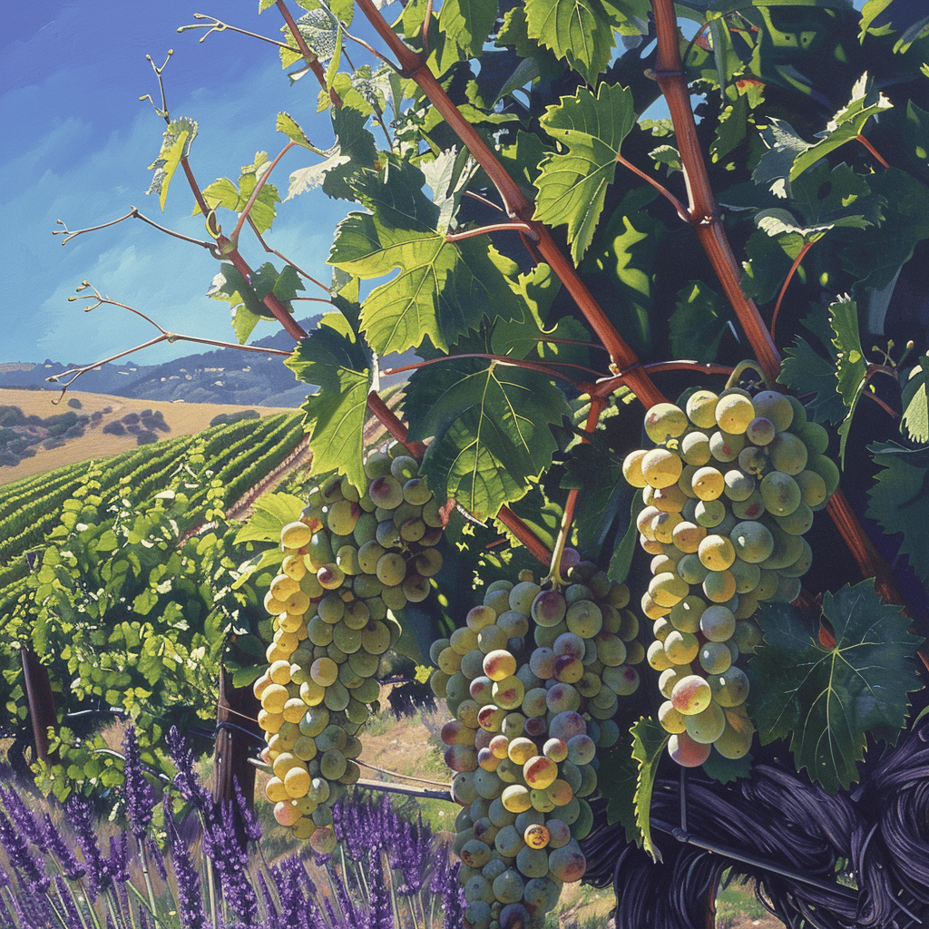 Sun-dappled green grapevines with young grape clusters alongside blooming lavender in Napa Valley