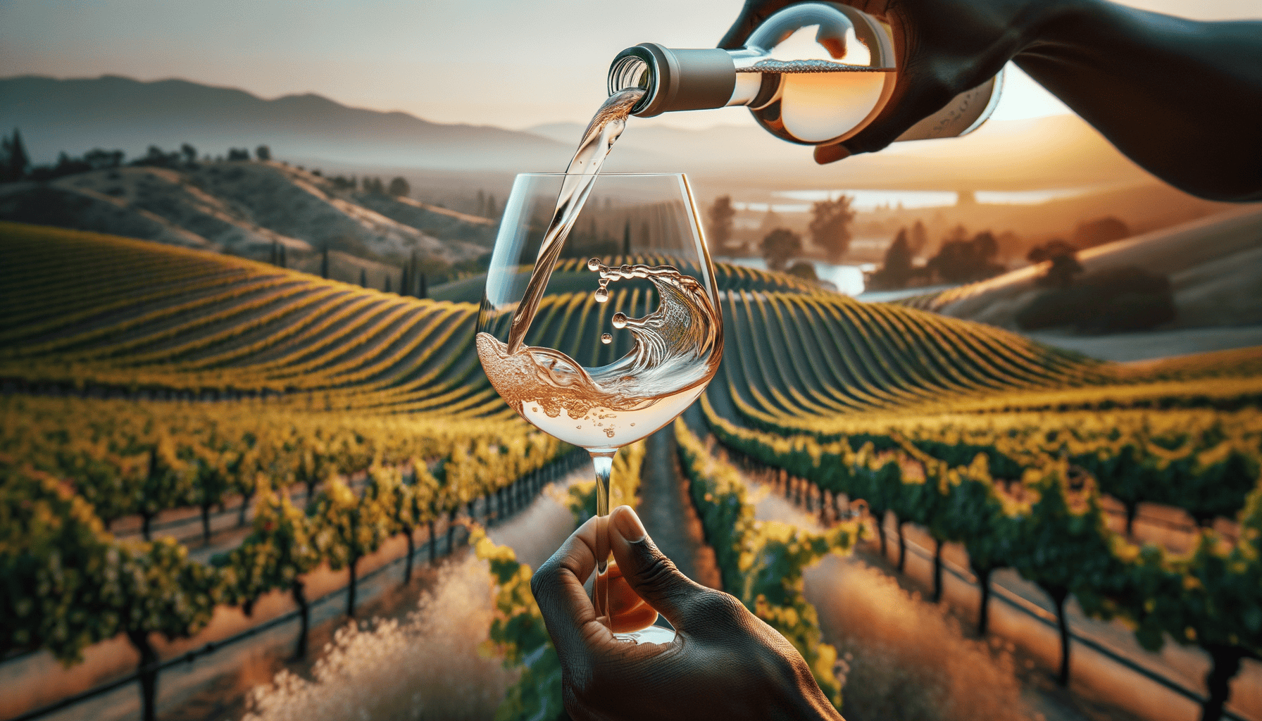 Sommelier pouring pink rosé wine with Temecula Valley vineyards in background