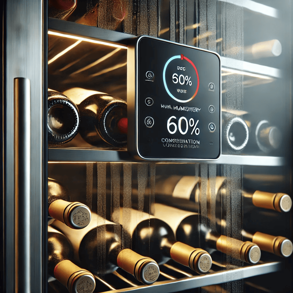 Close-up of wine refrigerator's UV-protected glass and humidity control display