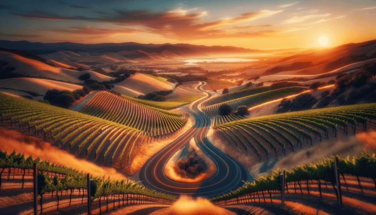 Sunset over vineyards on West Dry Creek Road.