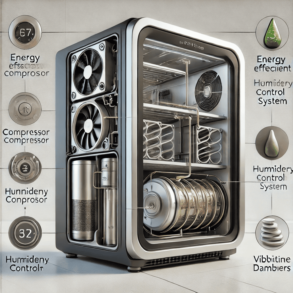 Technical illustration showing internal components of the best wine refrigerators