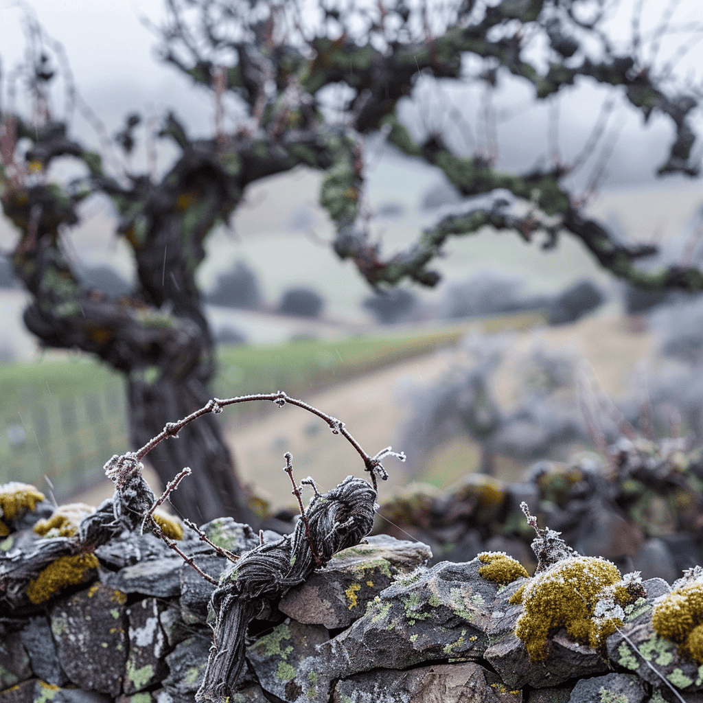 Frost-covered dormant grapevines with historic winery visible through winter fog in Napa Valley