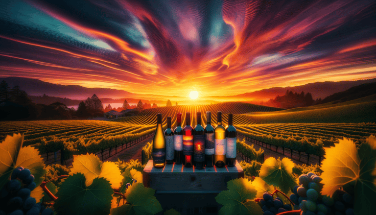 Diverse California wines displayed against Napa Valley vineyard sunset