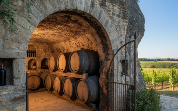 A scenic view of a wine cave entrance with barrels inside.