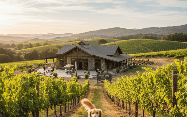 A picturesque winery with a dog enjoying the vineyard.