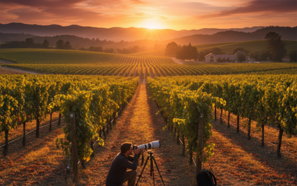 A picturesque vineyard in Napa during sunset, featuring a photographer at work.