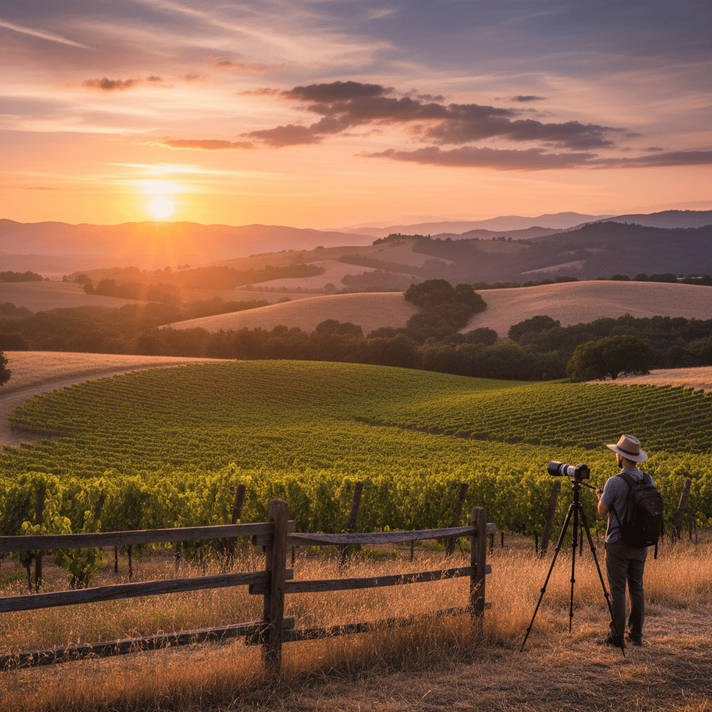 Stunning view of Napa Valley at sunset with vineyards