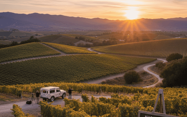 Stunning panoramic view of Napa Valley vineyards at sunset.
