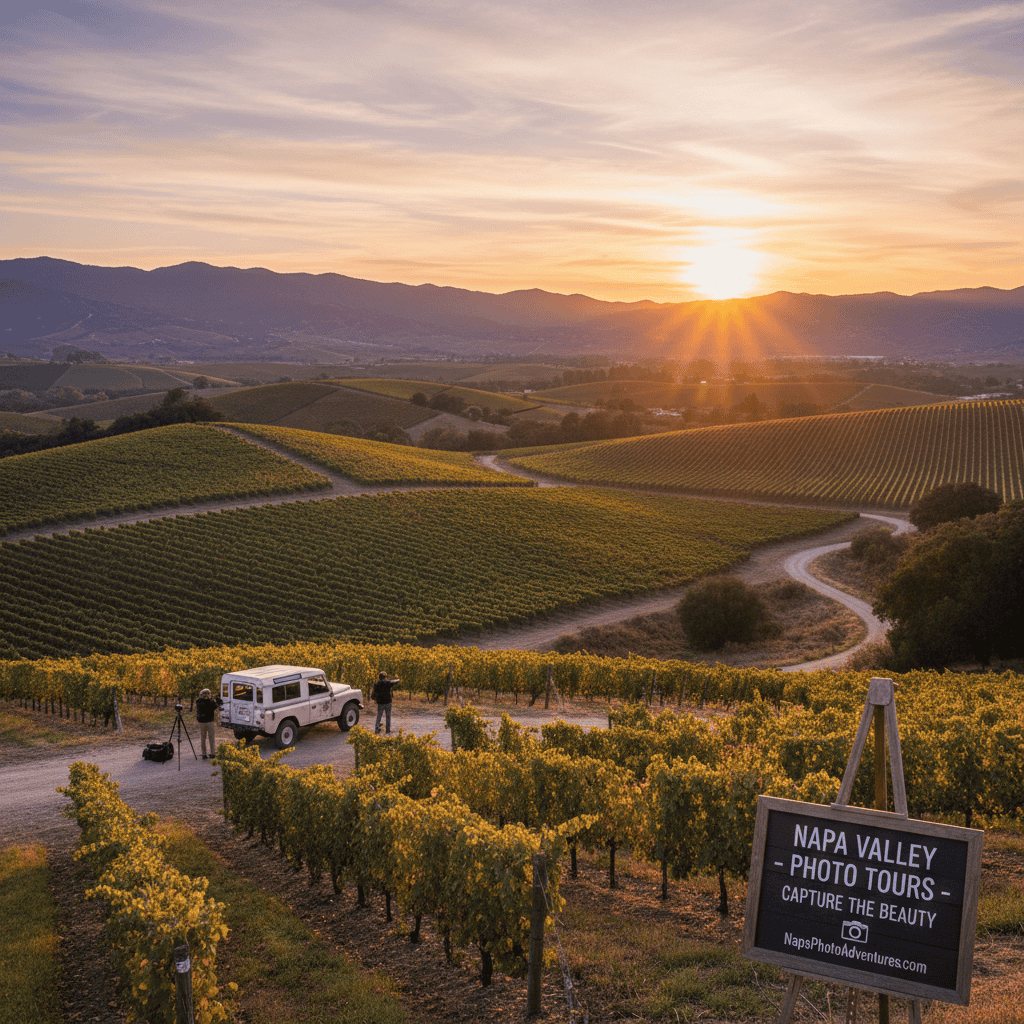 Best Napa tour selection featuring stunning panoramic view of Napa Valley vineyards at sunset