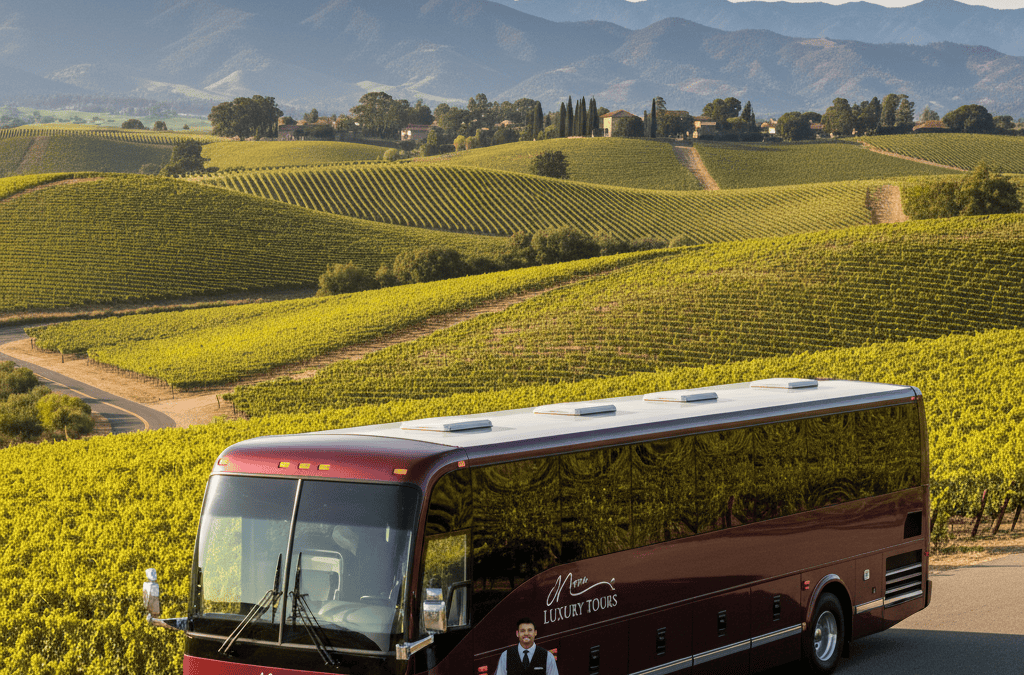 Scenic Napa Valley vineyards with shuttle bus