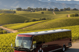 Scenic Napa Valley vineyards with shuttle bus
