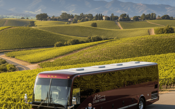 Scenic Napa Valley vineyards with shuttle bus