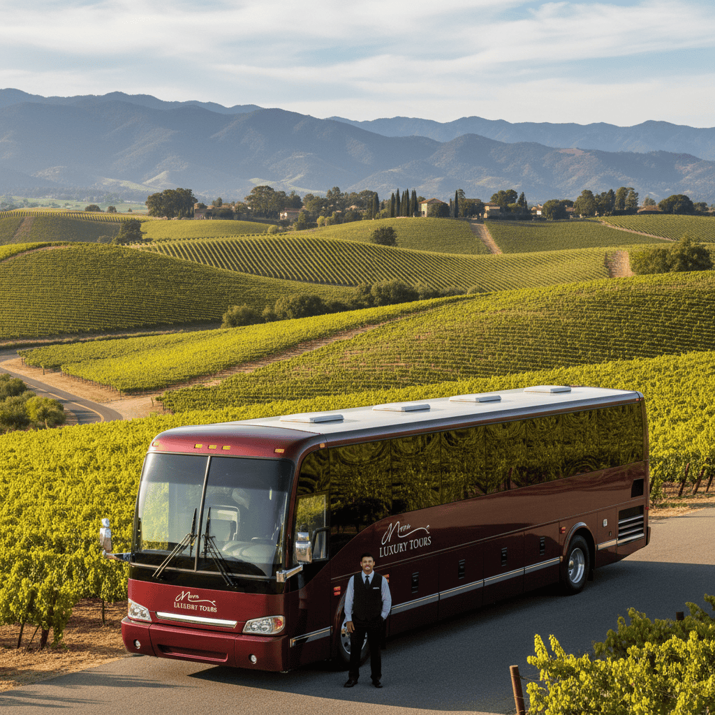 Scenic Napa Valley vineyards with shuttle bus
