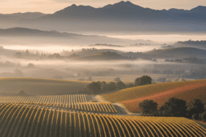 Golden morning light over misty Napa Valley vineyards with layered hills and grapevines
