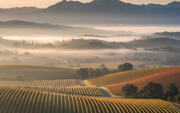 Golden morning light over misty Napa Valley vineyards with layered hills and grapevines