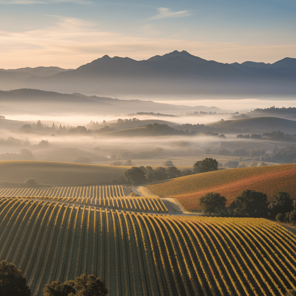 Golden morning light over misty Napa Valley vineyards with layered hills and grapevines