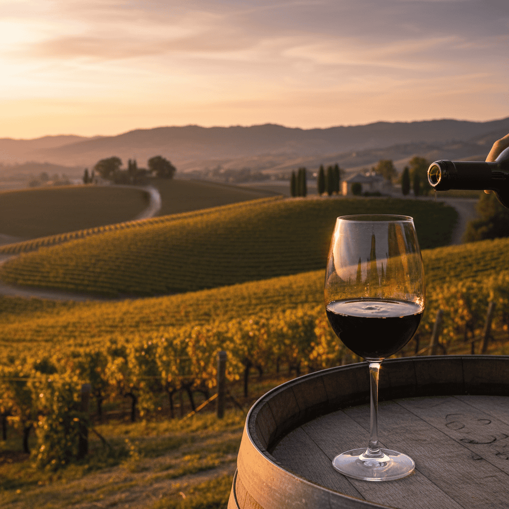 Scenic view of Napa Valley vineyards with a wine glass