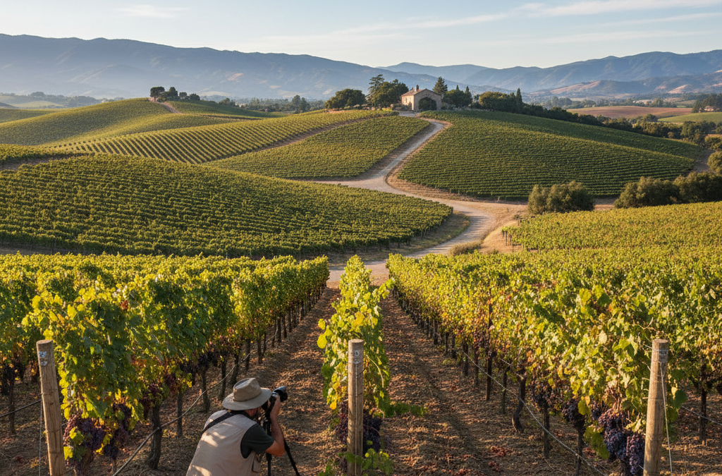 A scenic view of a vineyard in Napa Valley with a camera