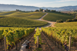 A scenic view of a vineyard in Napa Valley with a camera