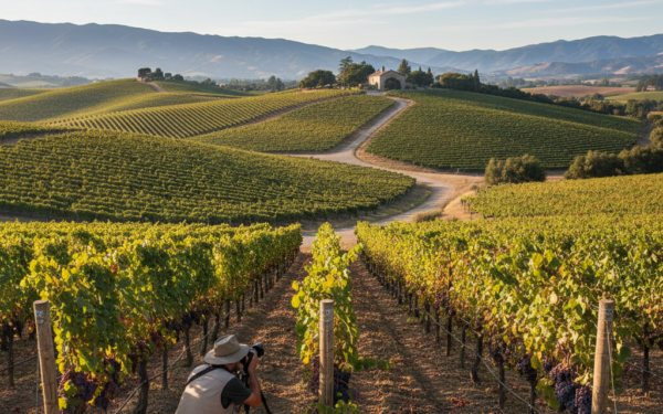 A scenic view of a vineyard in Napa Valley with a camera