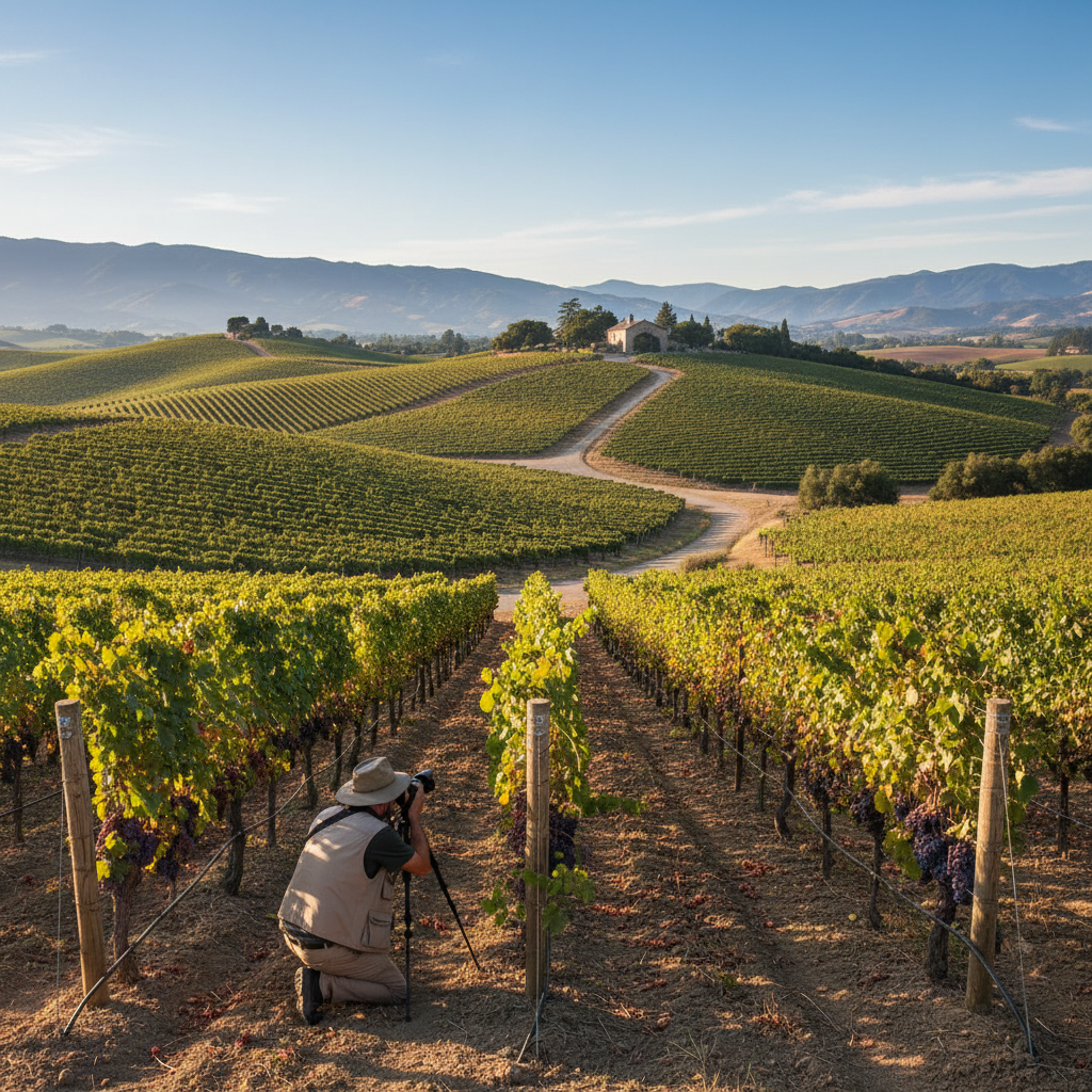 A scenic view of a vineyard in Napa Valley with a camera