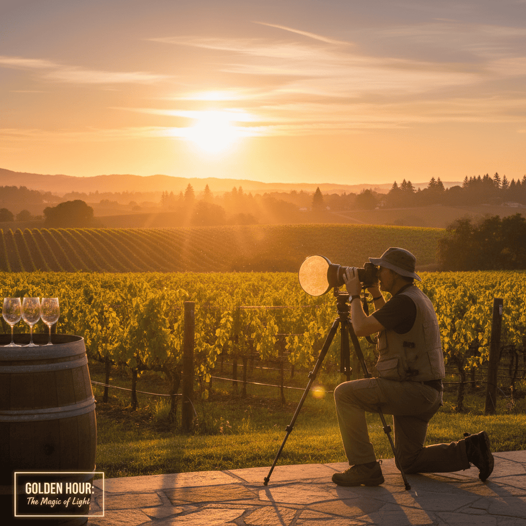 Photographer capturing golden hour lighting over Napa Valley