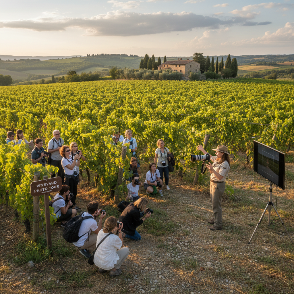 A group of tourists being guided through a vineyard