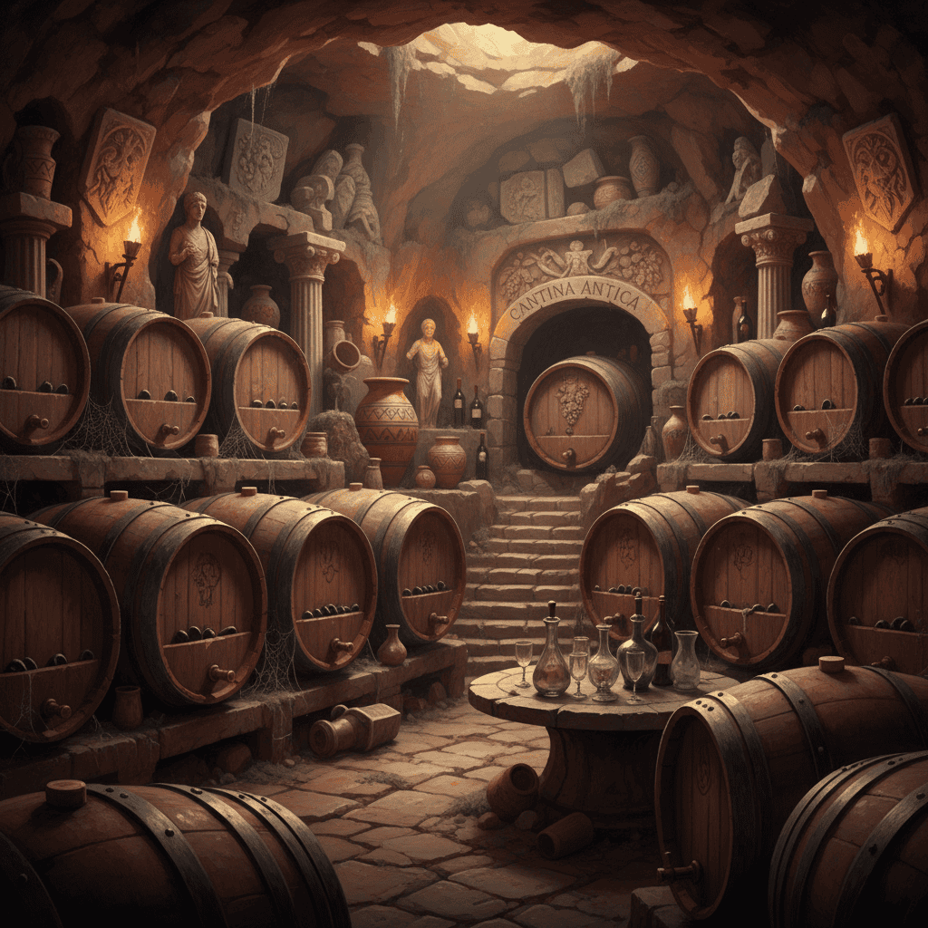Historical caves for wine aging with barrels and artifacts
