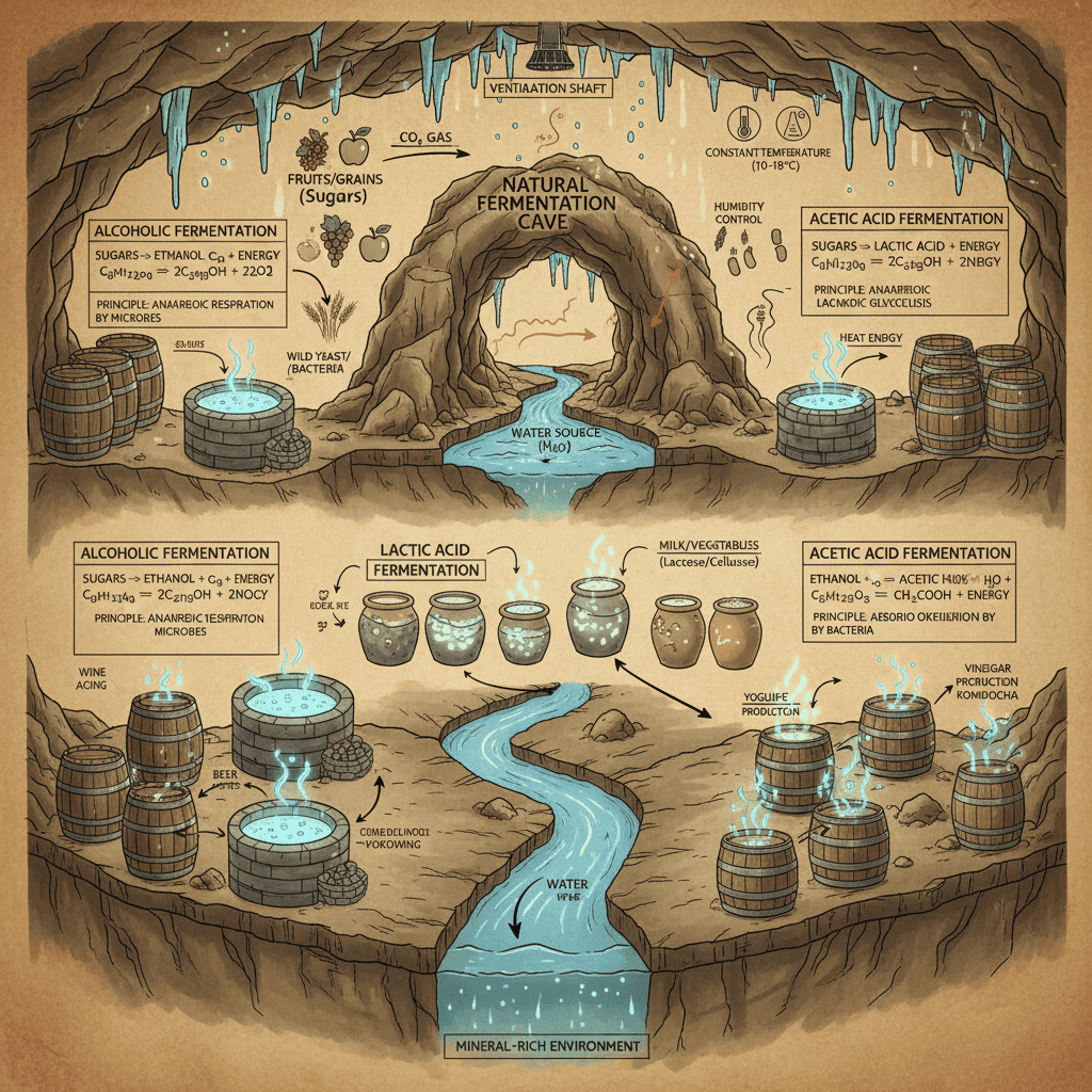 Fermentation processes in a cave